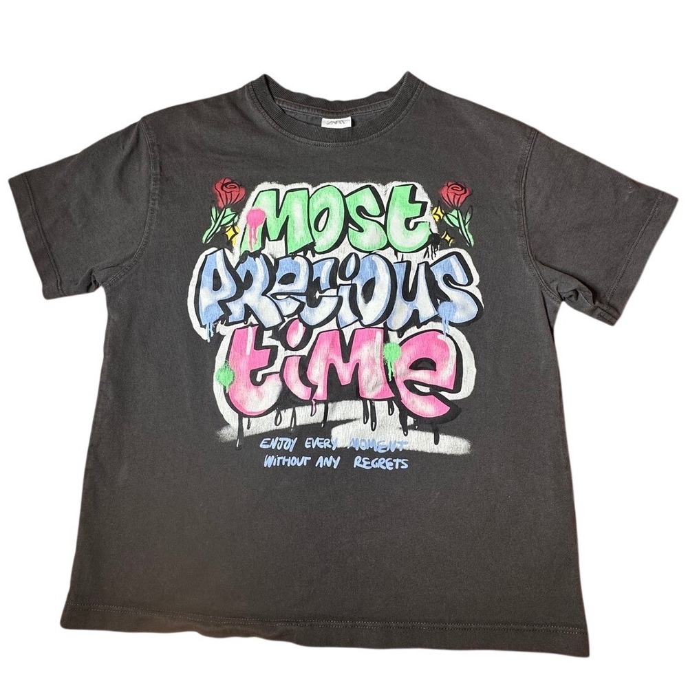 Zara Graphic‎ T-Shirt Kids 9-10 Charcoal Excellent Graffiti Streetwear Tee